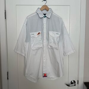 Vtg Columbia Shirt Mens Sz L White Radial 1/2 Sleeve Embroidered Fishing Pockets